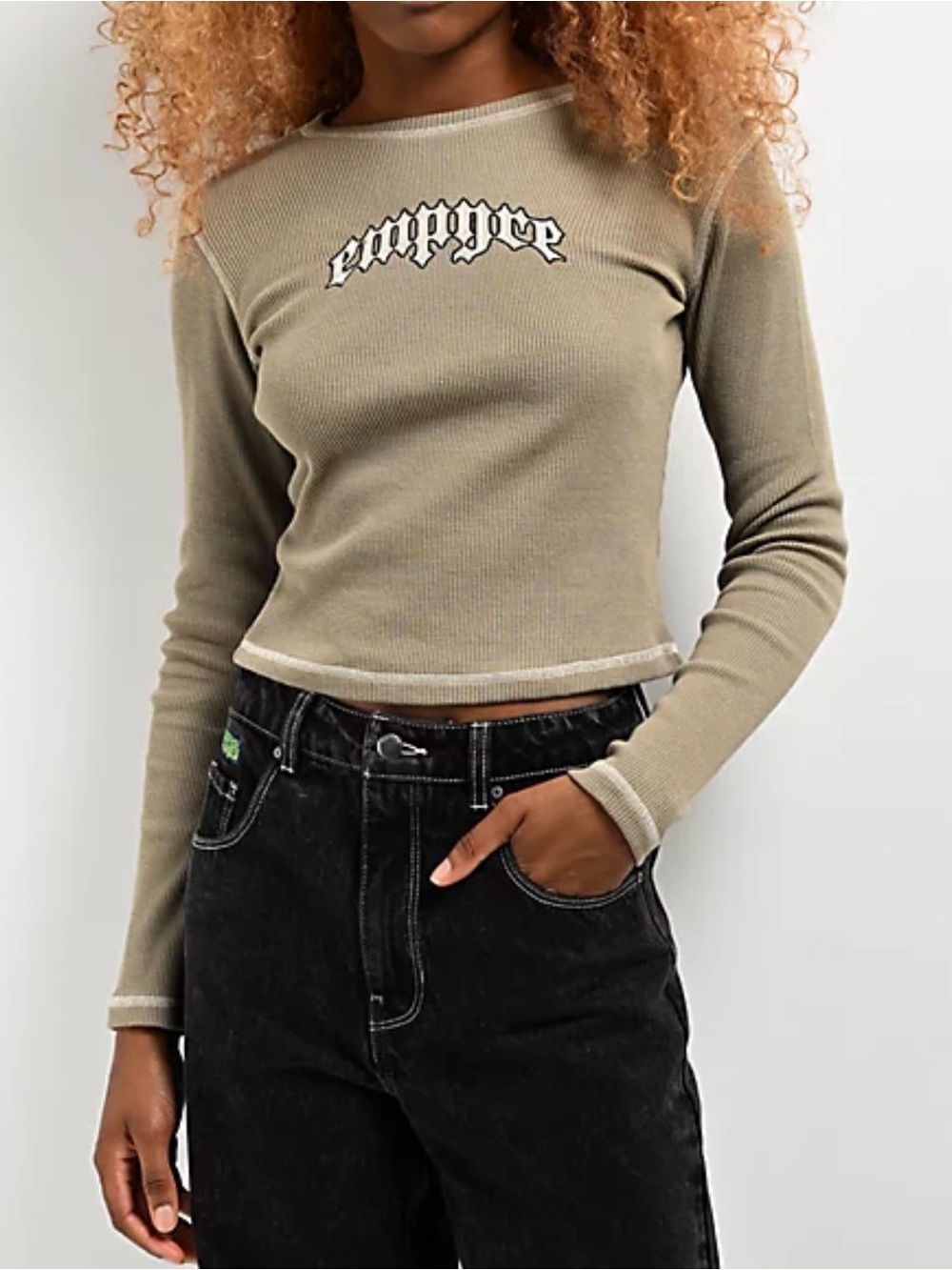 Empyre S Green long sleeve waffle double stitch streetwear skater crewneck top